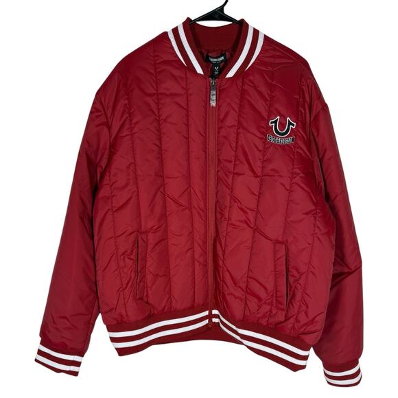 NWT Men's True Religion Red Dahlia Vertical Quilted Full Zip Jacket Size Large - Picture 1 of 9